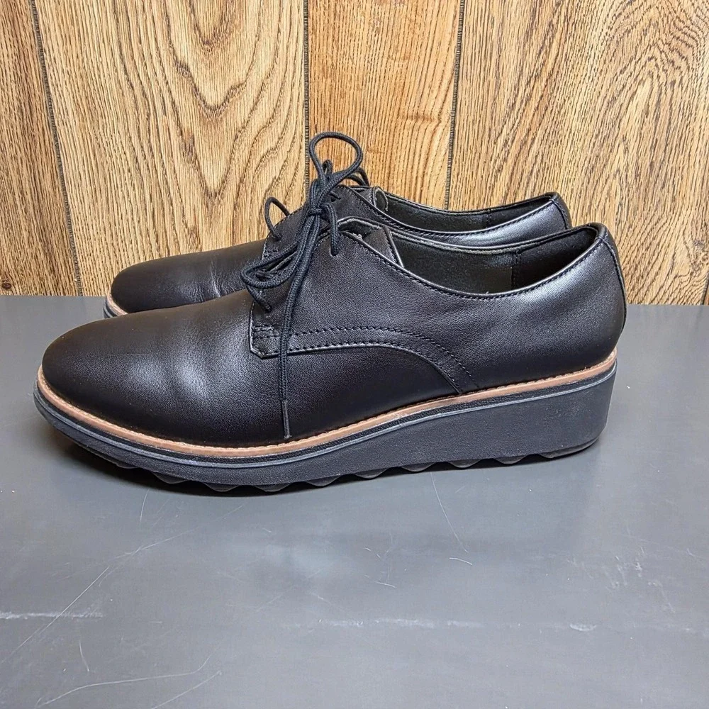 Clarks Shoes Womens 10‎ Black Leather Lace Up Oxford Comfort Walking Platform